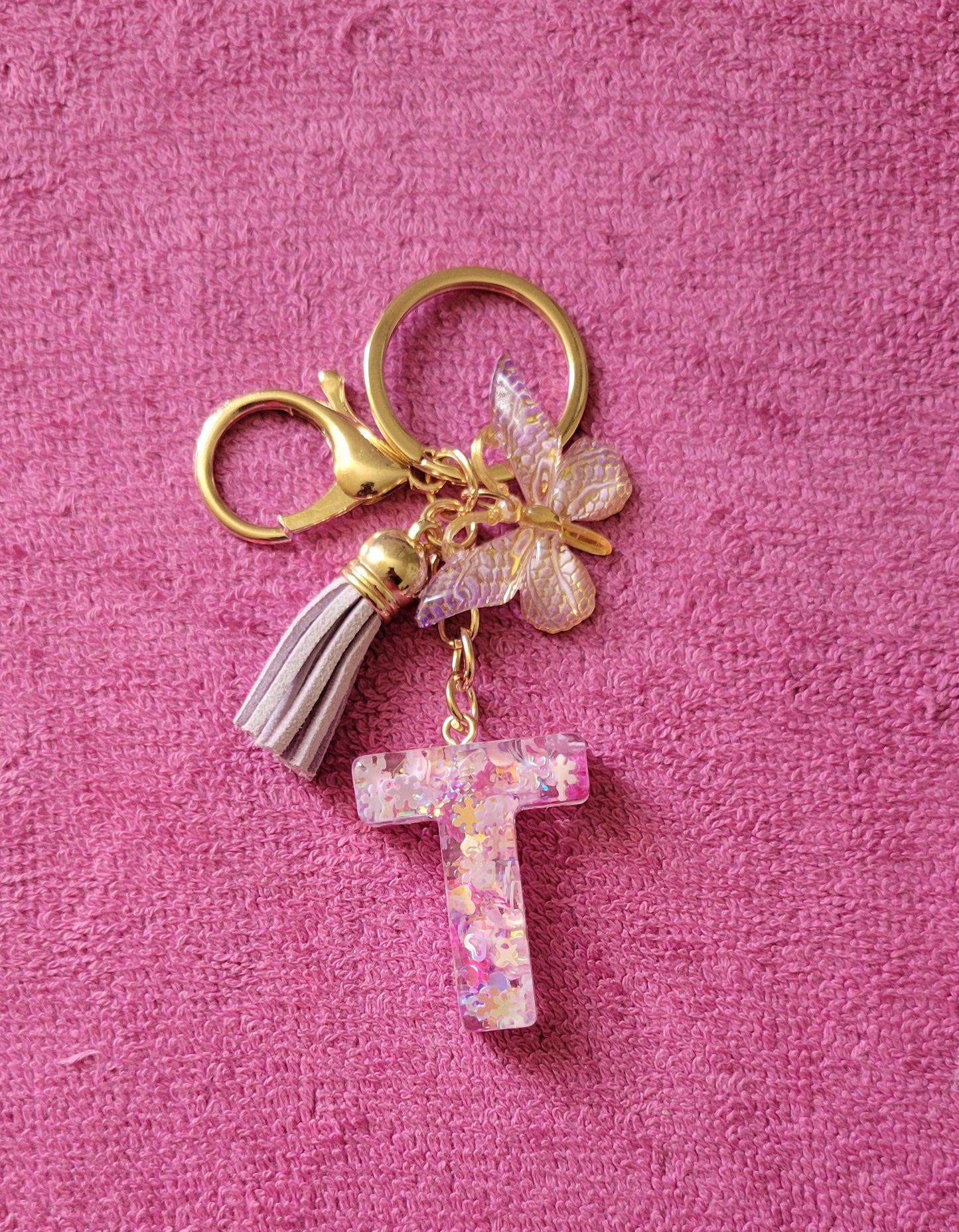 Lavender Initial T Keychain With Butterfly And Tassel Pendant