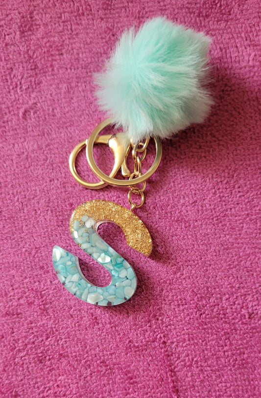 Initial Letter S Teal & Gold Keychain With Puff Ball