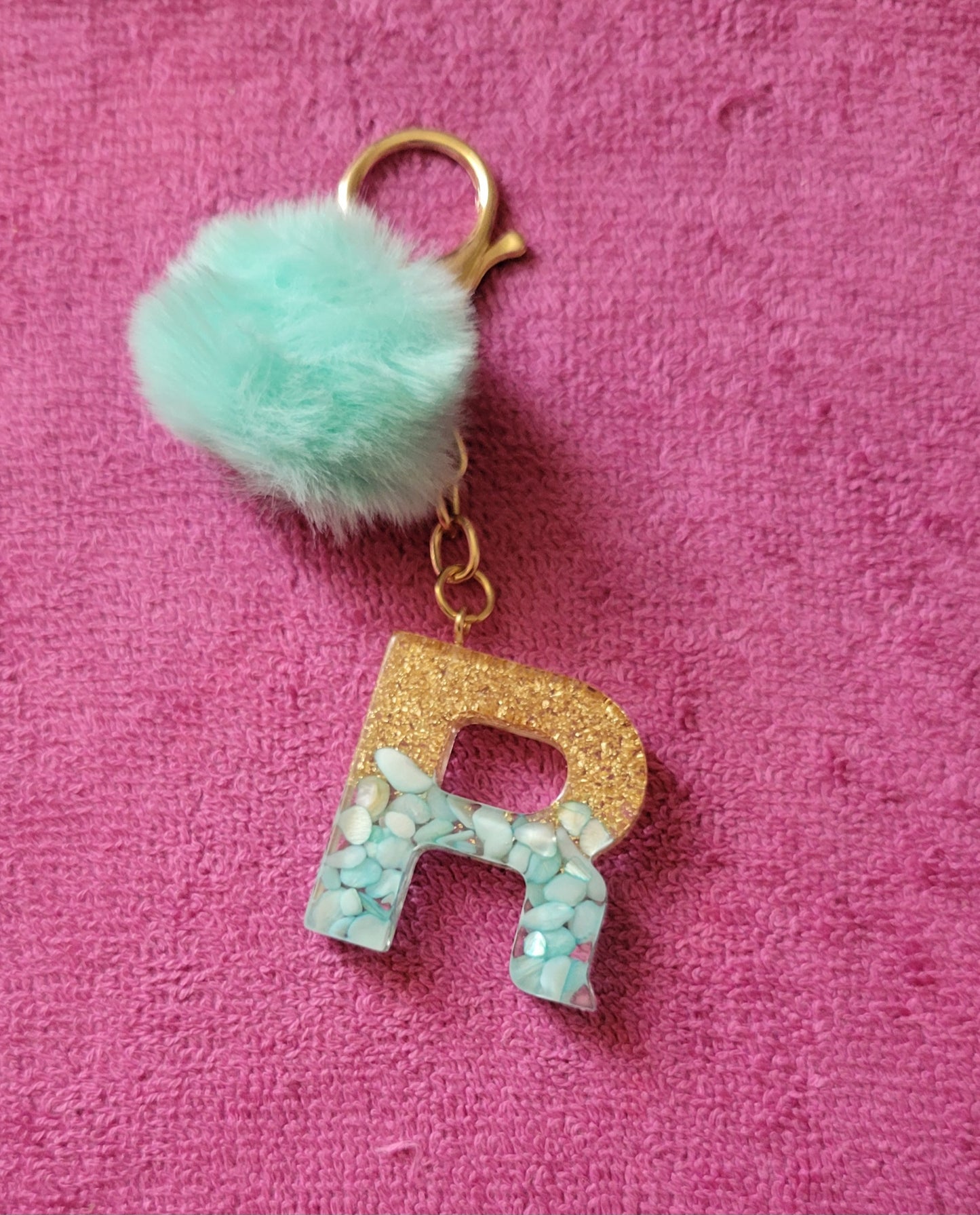 Teal Green and Gold Initial R Keychain With Puff Ball