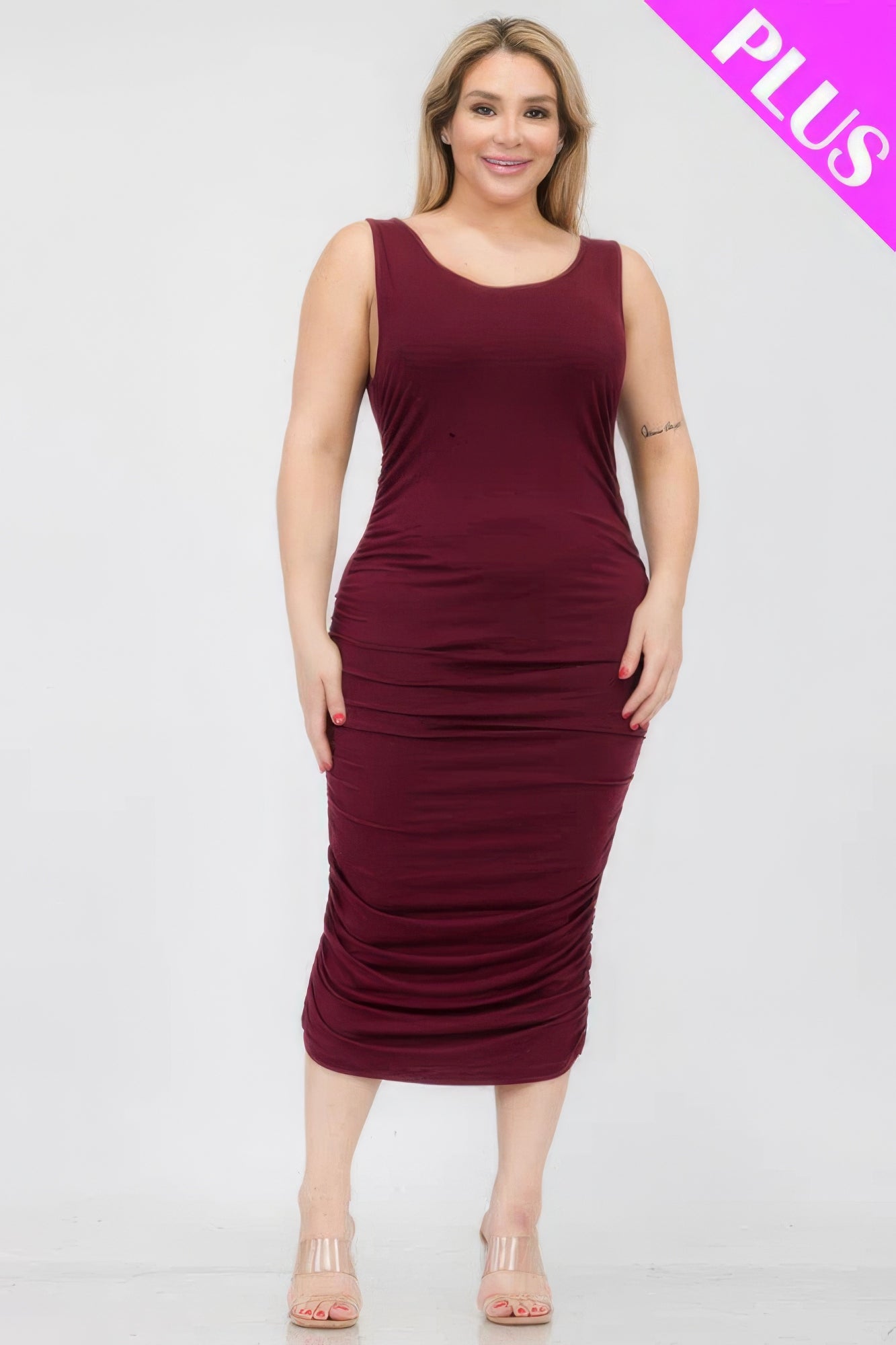 Plus Size Square Neck Ruched Bodycon Midi Dress