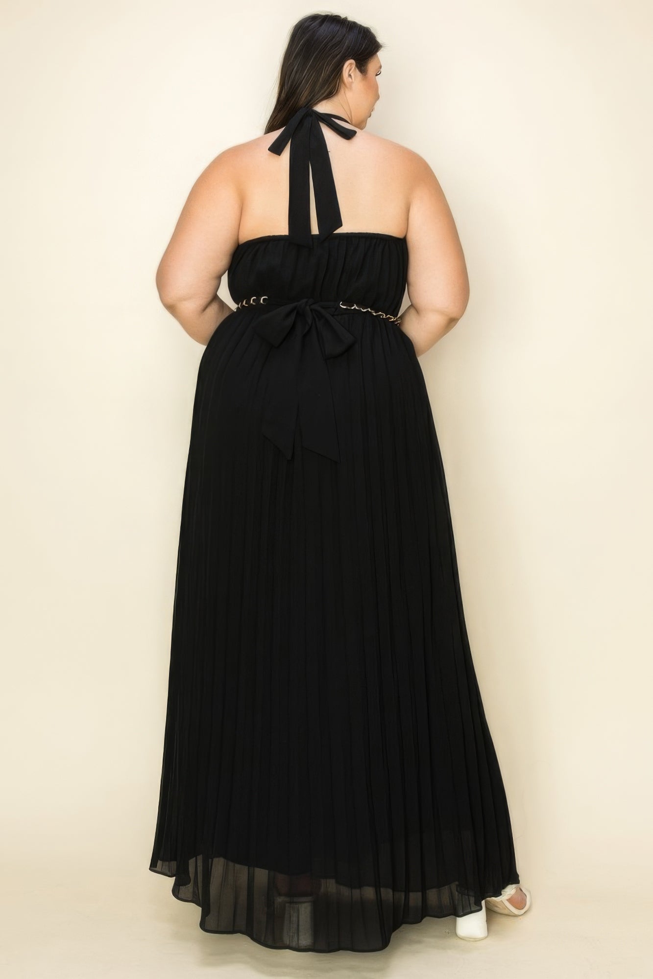 Chiffon Pleated Gold Trim Neck & Belt Cut Out Chest Maxi Dress